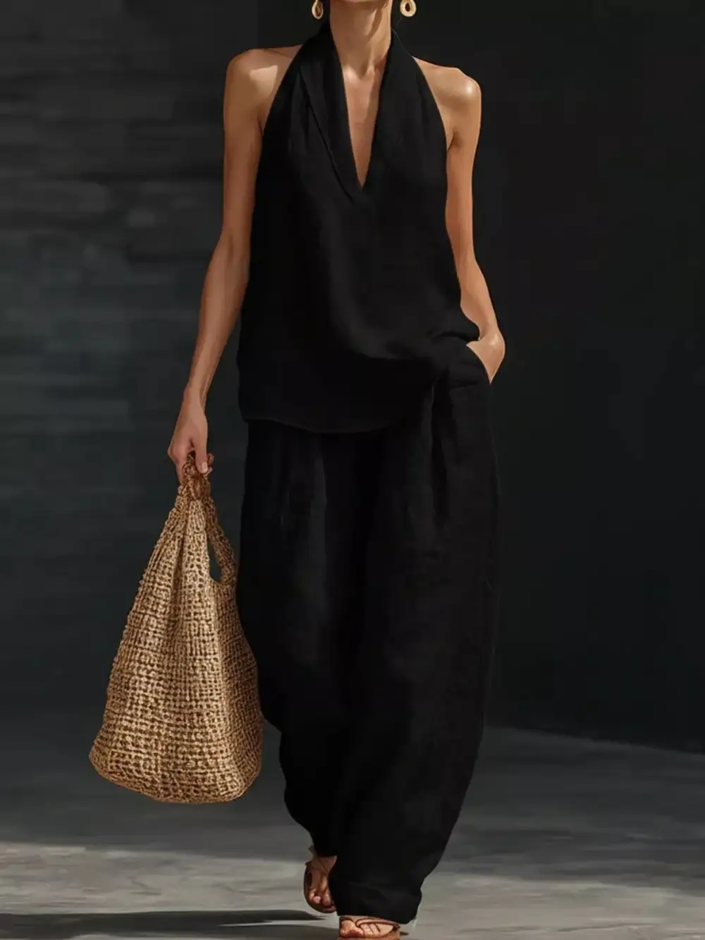 Halter Neck Top and Wide Leg Pants Set