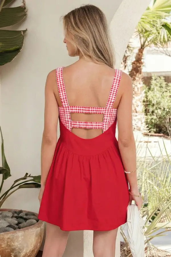 Easygoing Gingham Contrast Trim Mixed Panel Mini Dress
