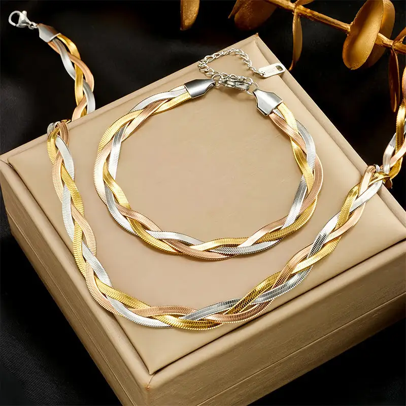 Tricolour Braided Snake Chain Bracelet and Necklace Set