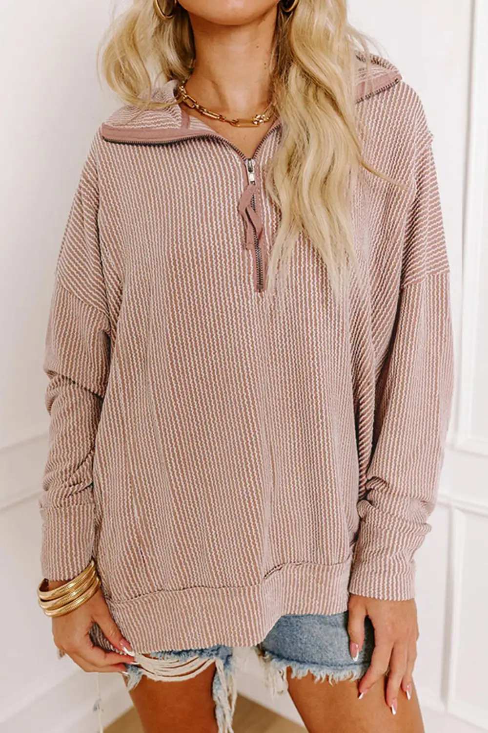 Solid Zip Neck Twist Detail Relaxed Viscose Blend Long Sleeve Top