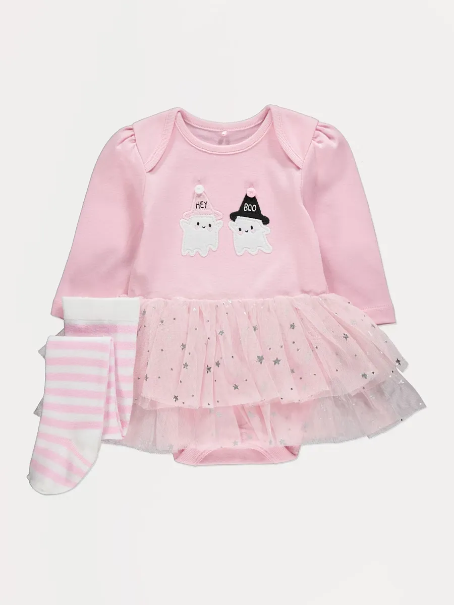 Halloween Pink Ghost Tutu Bodysuit and Tights Outfit