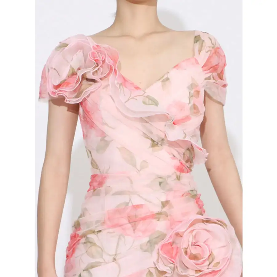 Floral Ruffled Short Sleeve Maxi Dress