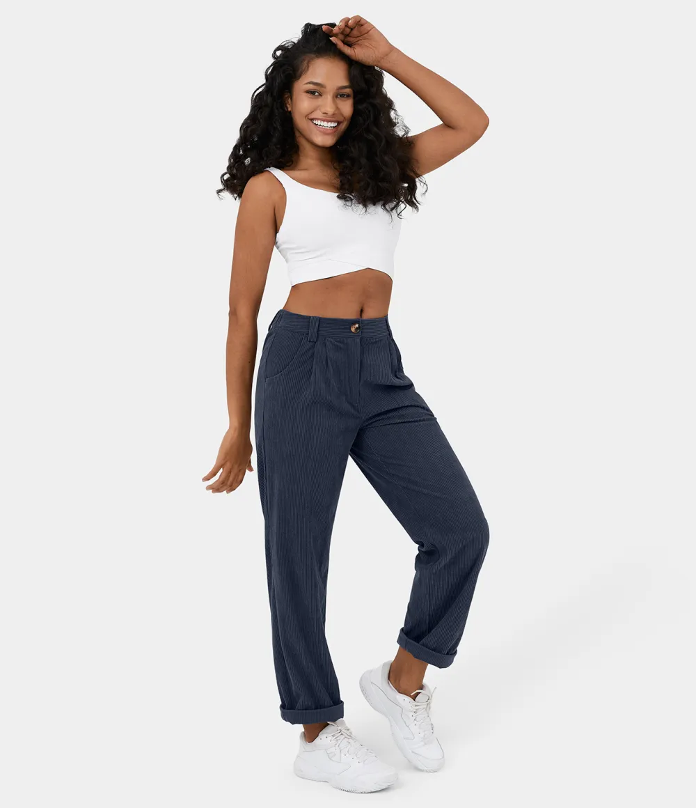 Mid Rise Button Zipper Side Pocket Corduroy Casual Pants