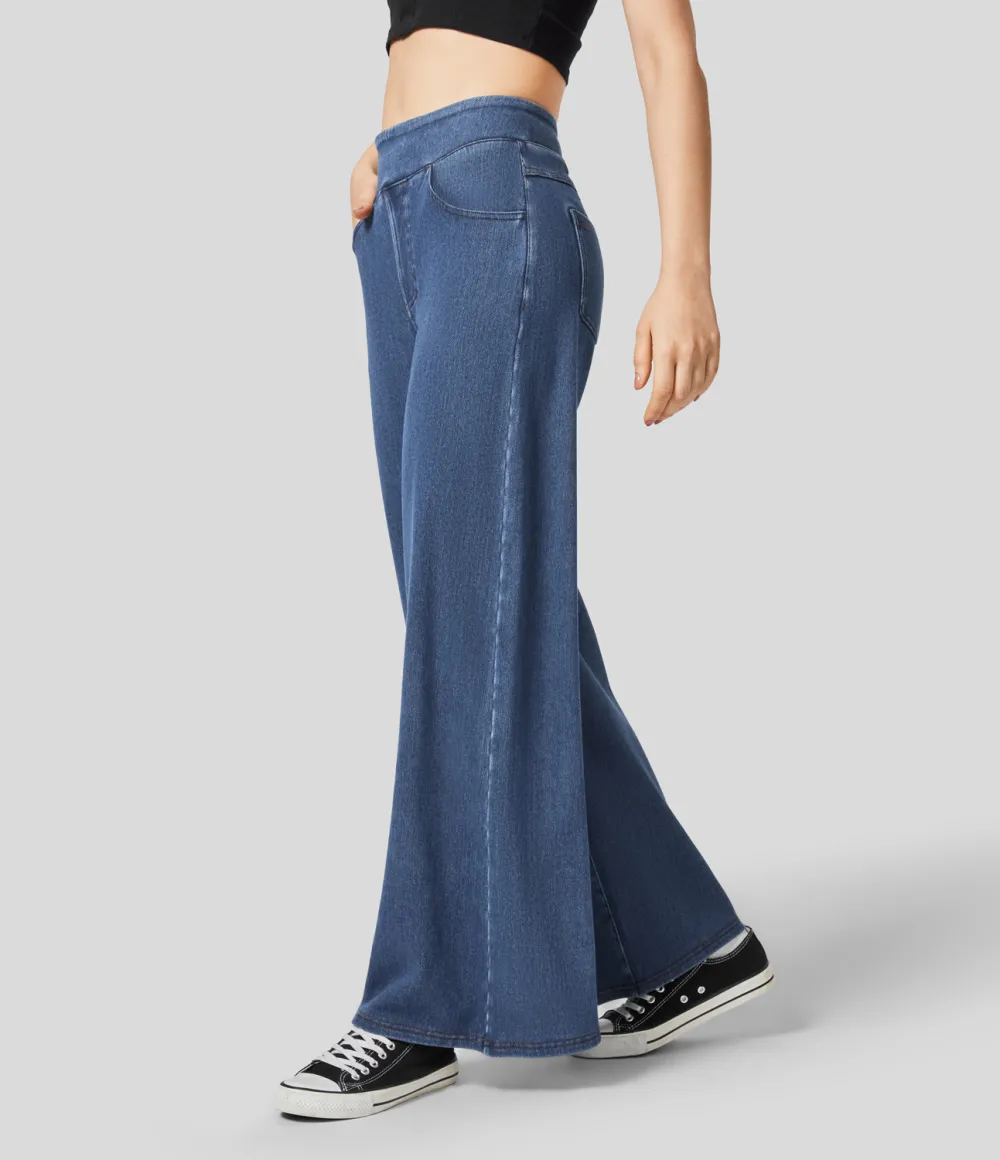 Magic High Waisted Multiple Pockets Wide Leg Stretchy Knit Casual Thermal Jeans