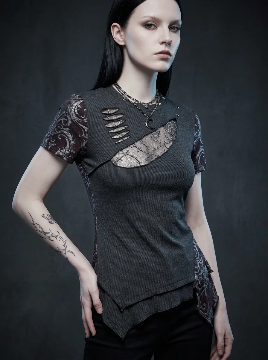 Victorian-Inspired Thorn Cutout Punk Darkwear Style Women's Gothic T-Shirt