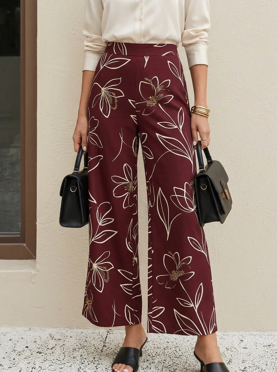 Women's Floral Botanical Navy Blue Patterned High-Waist Wide-Leg Pants