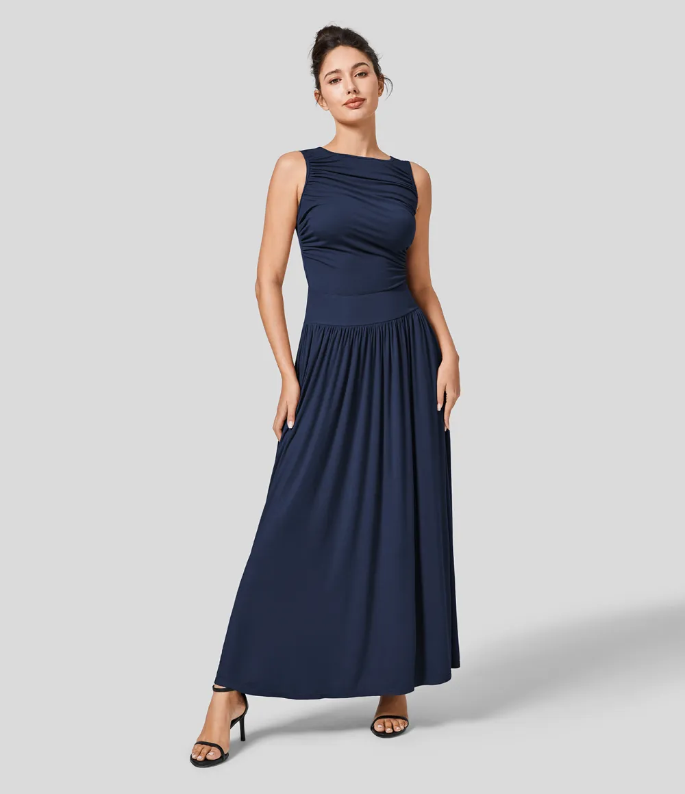 Ribbed Boat Neck Ruched Side Pocket Flowy Maxi Casual Dress
