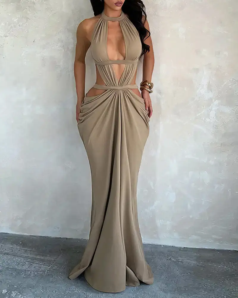 Goddess Halter Cutout Draped Maxi Dress