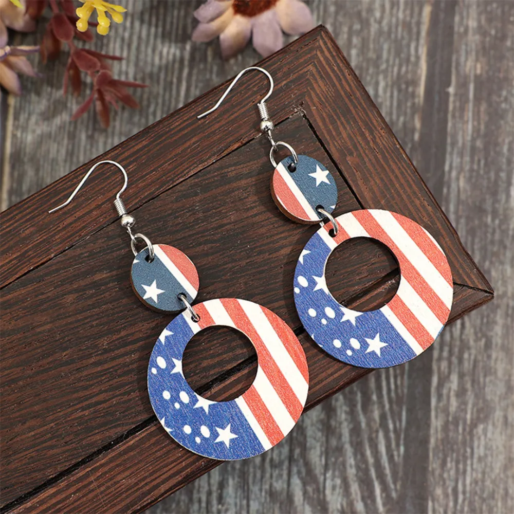 Red Blue Pattern Wooden Earrings
