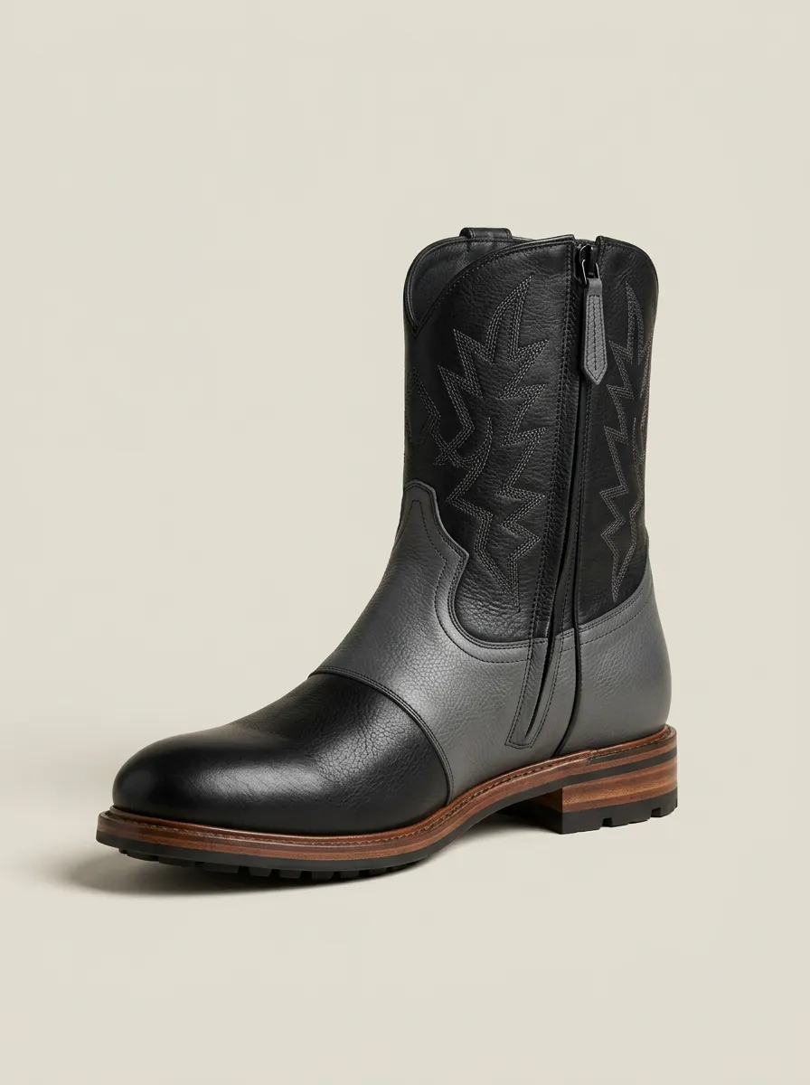 Men's Two-Tone Side-Zip Rounded-Toe Western Boots