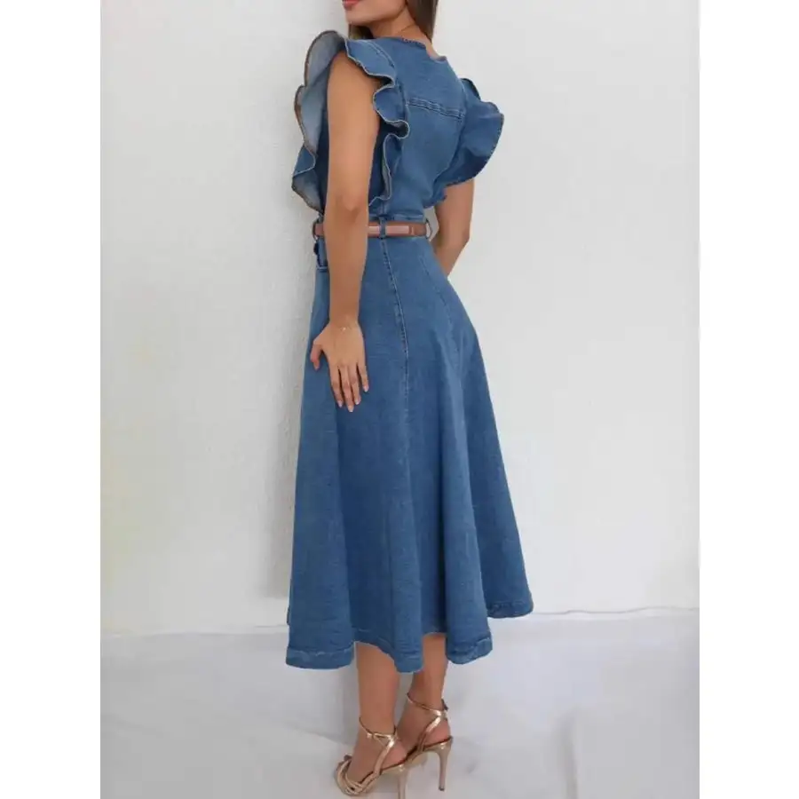 Button-front Ruffle Sleeve Denim Midi Dress