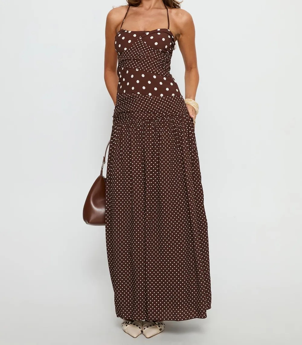 Brown Polka Dot Halter Maxi Dress