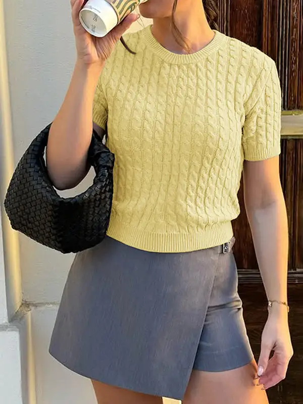 Paneled Round Neck Short Sleeve Pullover Sweater