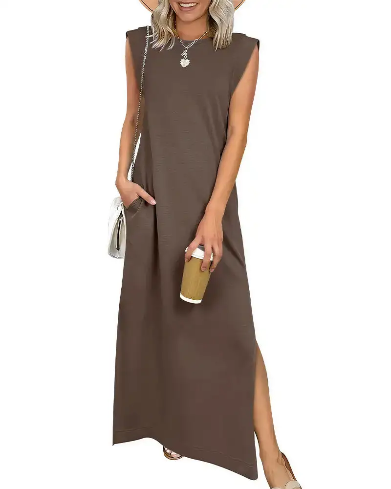 Casual Sleeveless Split Maxi Dress With Pockets
