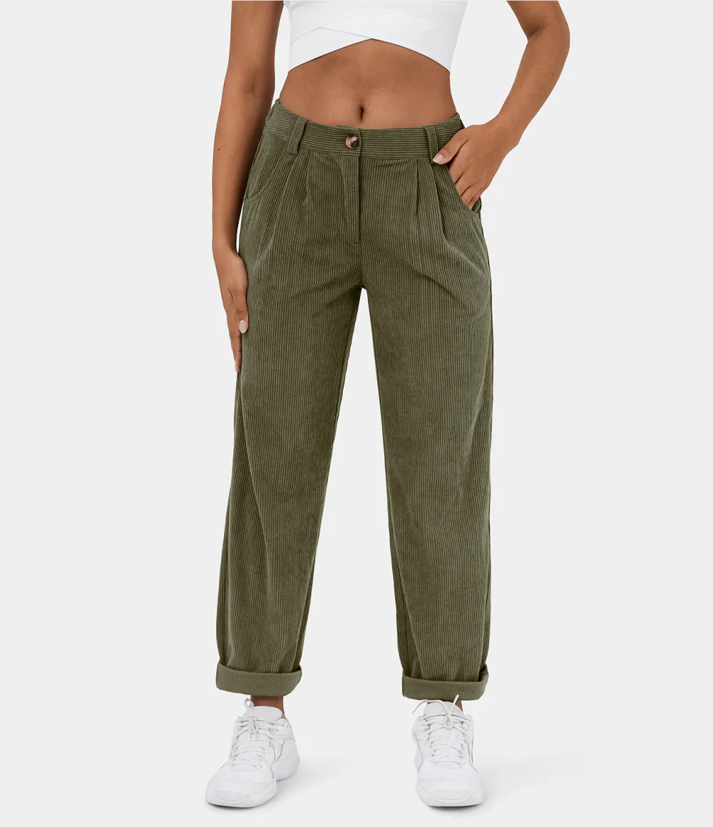 Mid Rise Button Zipper Side Pocket Corduroy Casual Pants