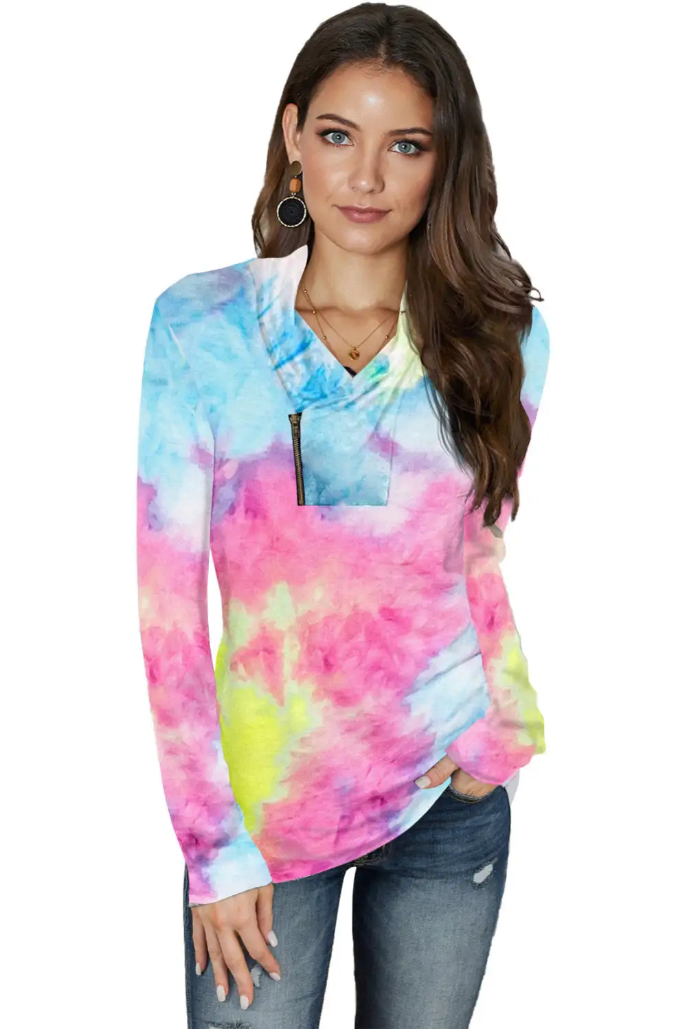 Tie Dye Print Zipper Top