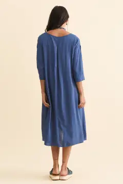 Linen Pocket Round-Neck Three-Quarter-Sleeve Draped Relaxed Knee-Length Dress