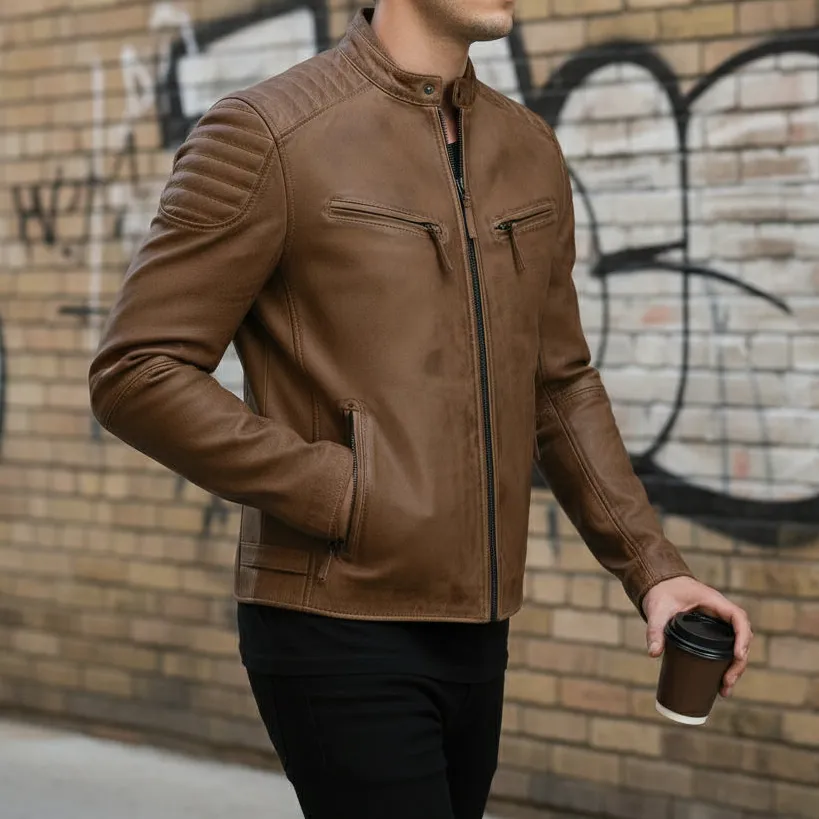 Classic Leather Biker Motorcycle Multi Pocket Jacket