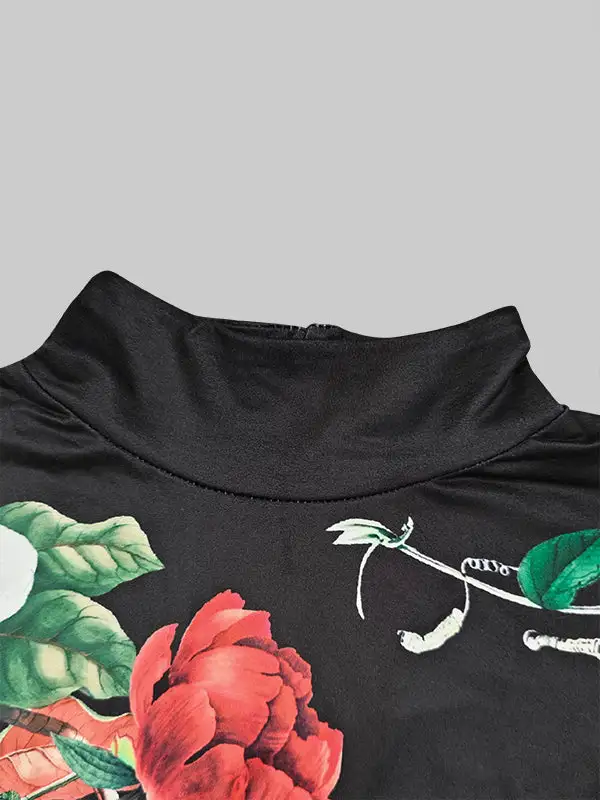Long Sleeve Slim Fit Floral Print Panel Detail High Neck Everyday T-Shirt