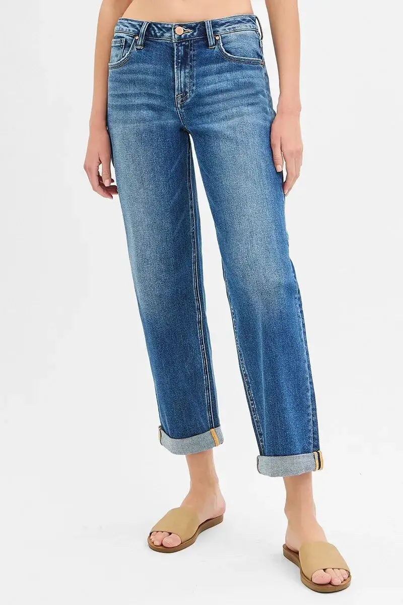 Mid Rise Cuffed Hem Straight Leg Jeans