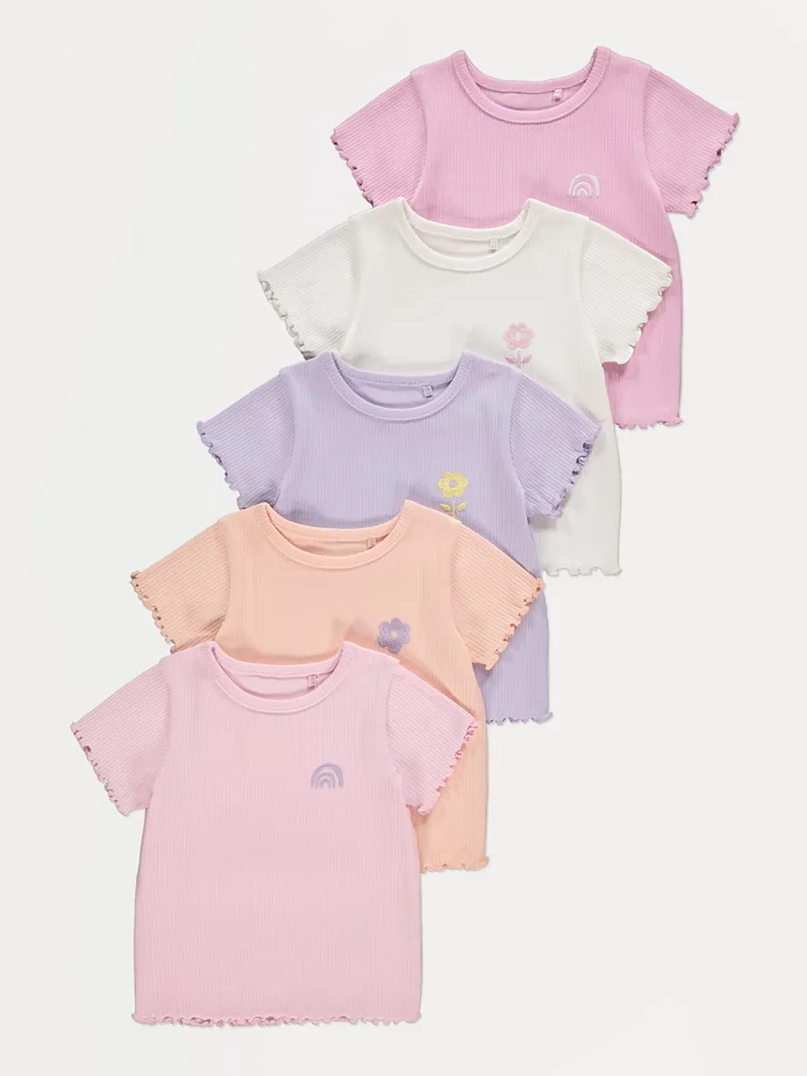 Pastel Embroidered Ribbed Tops 5 Pack