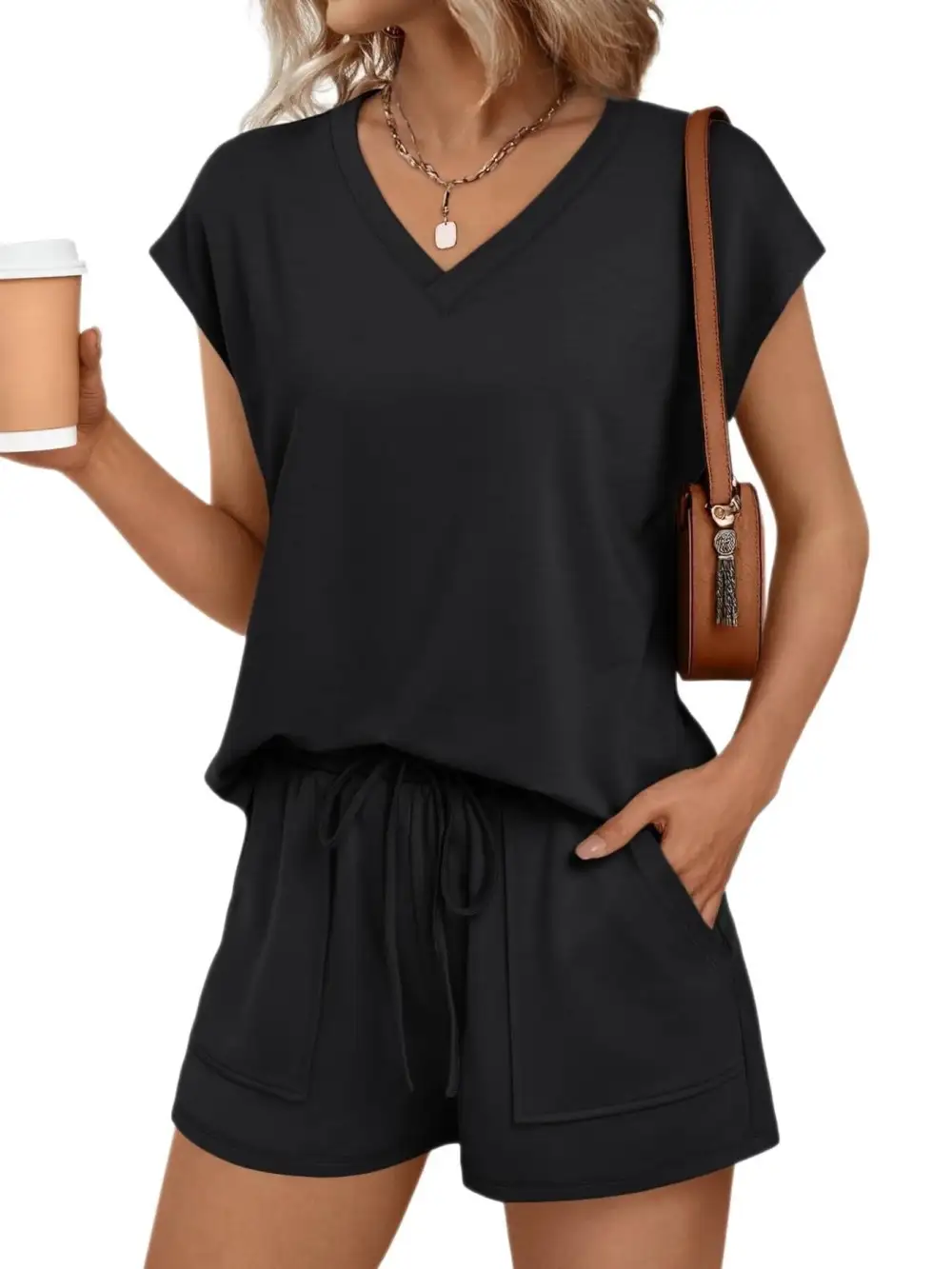 Casual V Neck T Shirt and Shorts Set