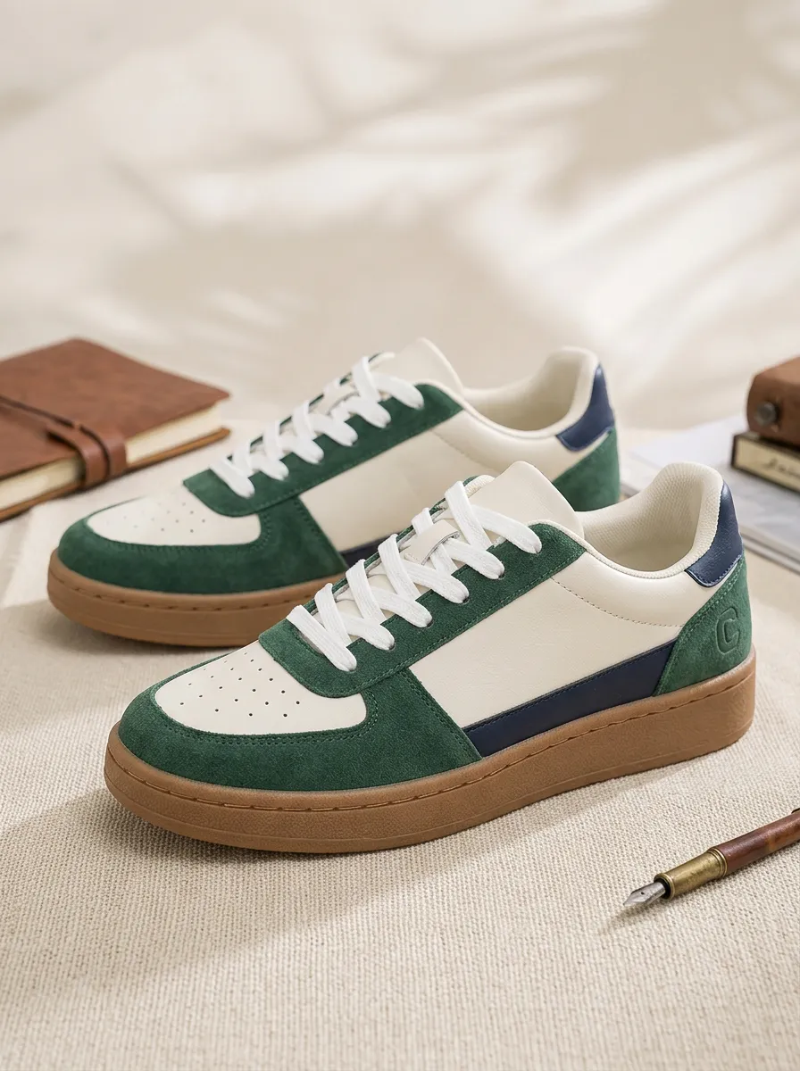 Unisex Casual Green Suede Colorblock Printed Sneakers
