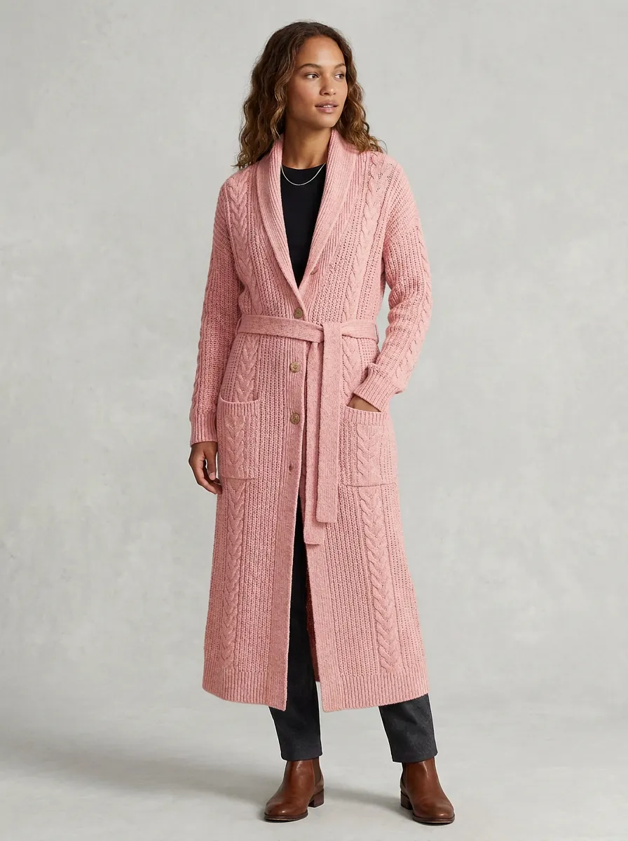 Women's Classic Cable Knit Belted Knit Cardigan