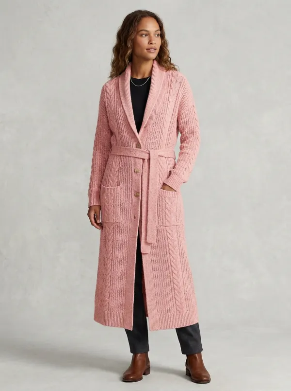 Women's Classic Cable Knit Belted Knit Cardigan