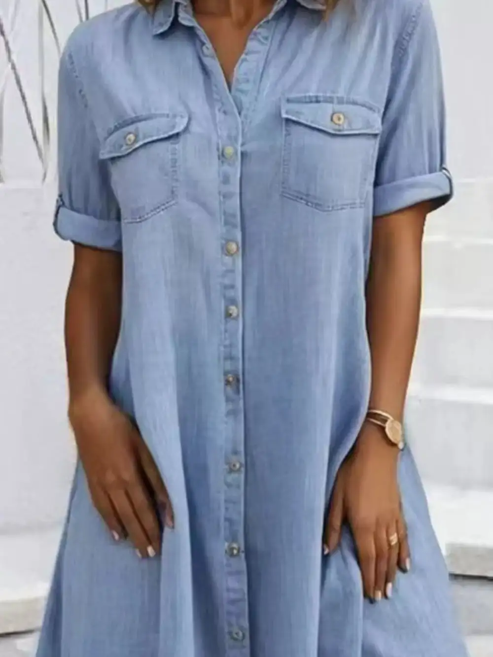 Soft Touch Denim Button Front Short Sleeve Dress
