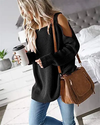 Women's Cold Shoulder Oversized Sweaters Batwing Long Sleeve Square Neck Chunky Knit Fall Tunic Sweater Tops