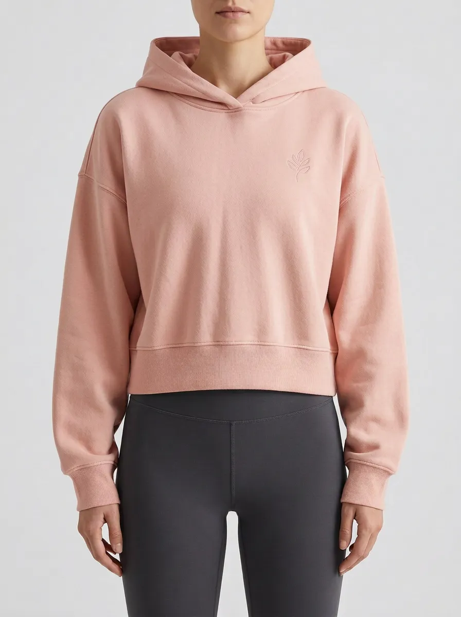 Women's Minimalist Leaf Embroidered Beige Cropped Hoodie