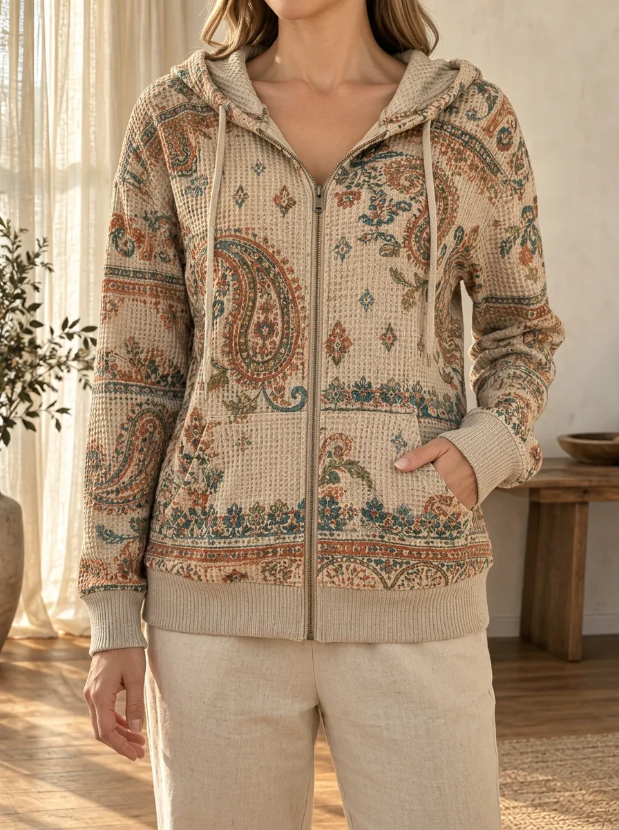 Women's Boho Paisley Pattern Signature Artwork Waffle Zip-Up Hoodie