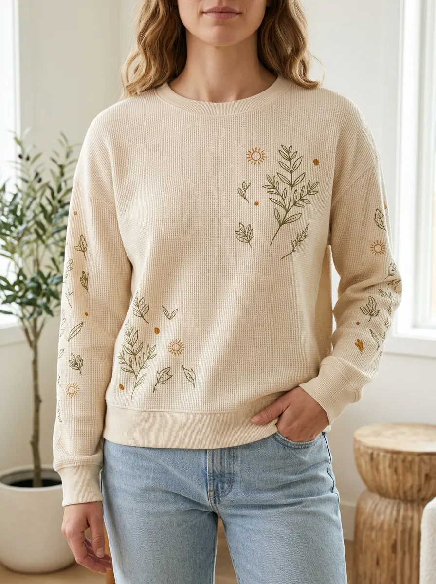 Women's Botanical Sun Lover Leaf Printed Waffle Knit Sweatshirt
