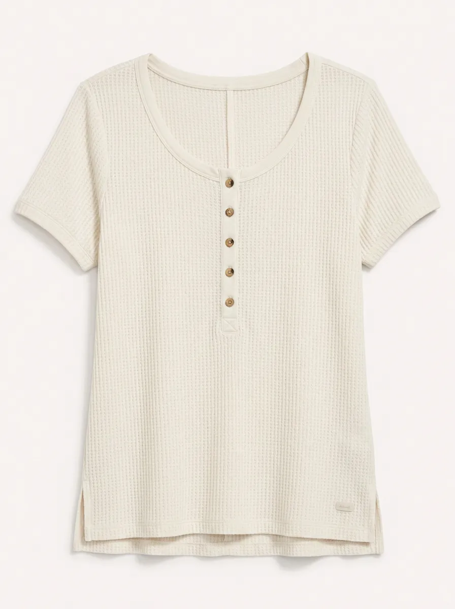 Women's Casual Waffle Knit Button Down Short Sleeve Henley Top
