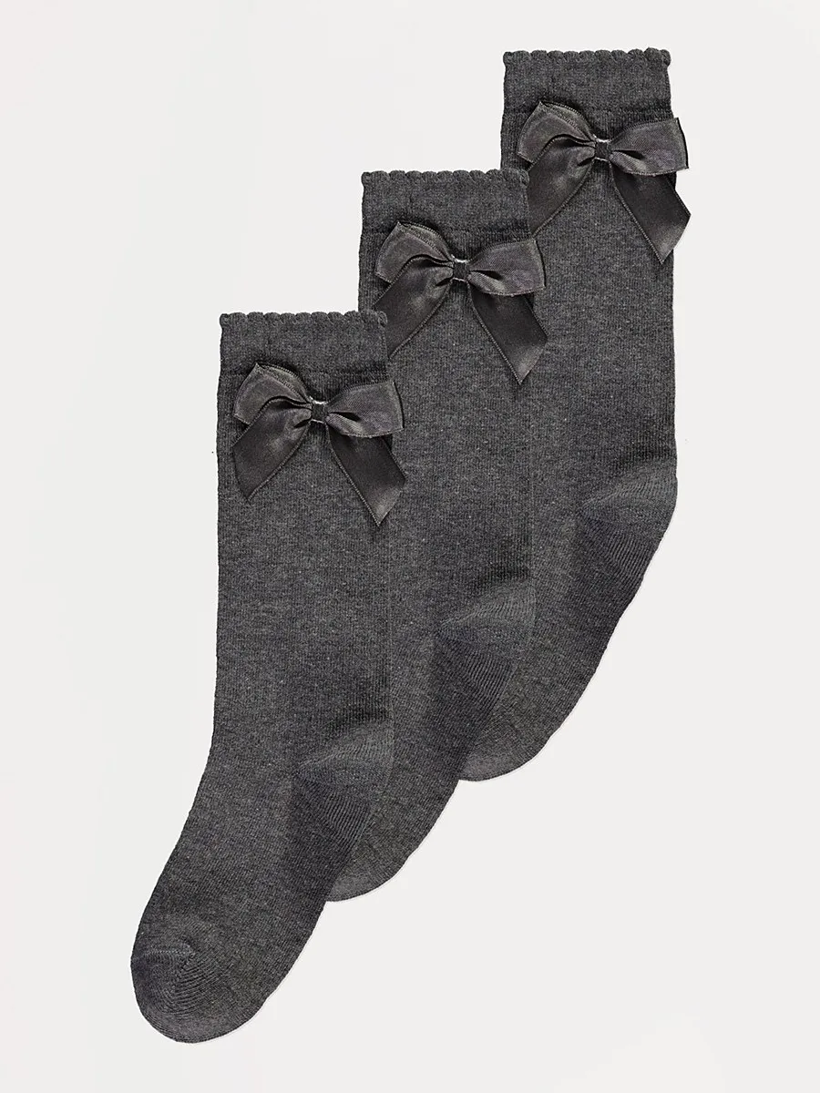 Dark Grey Bow Cotton Rich Knee High Socks 3 Pack