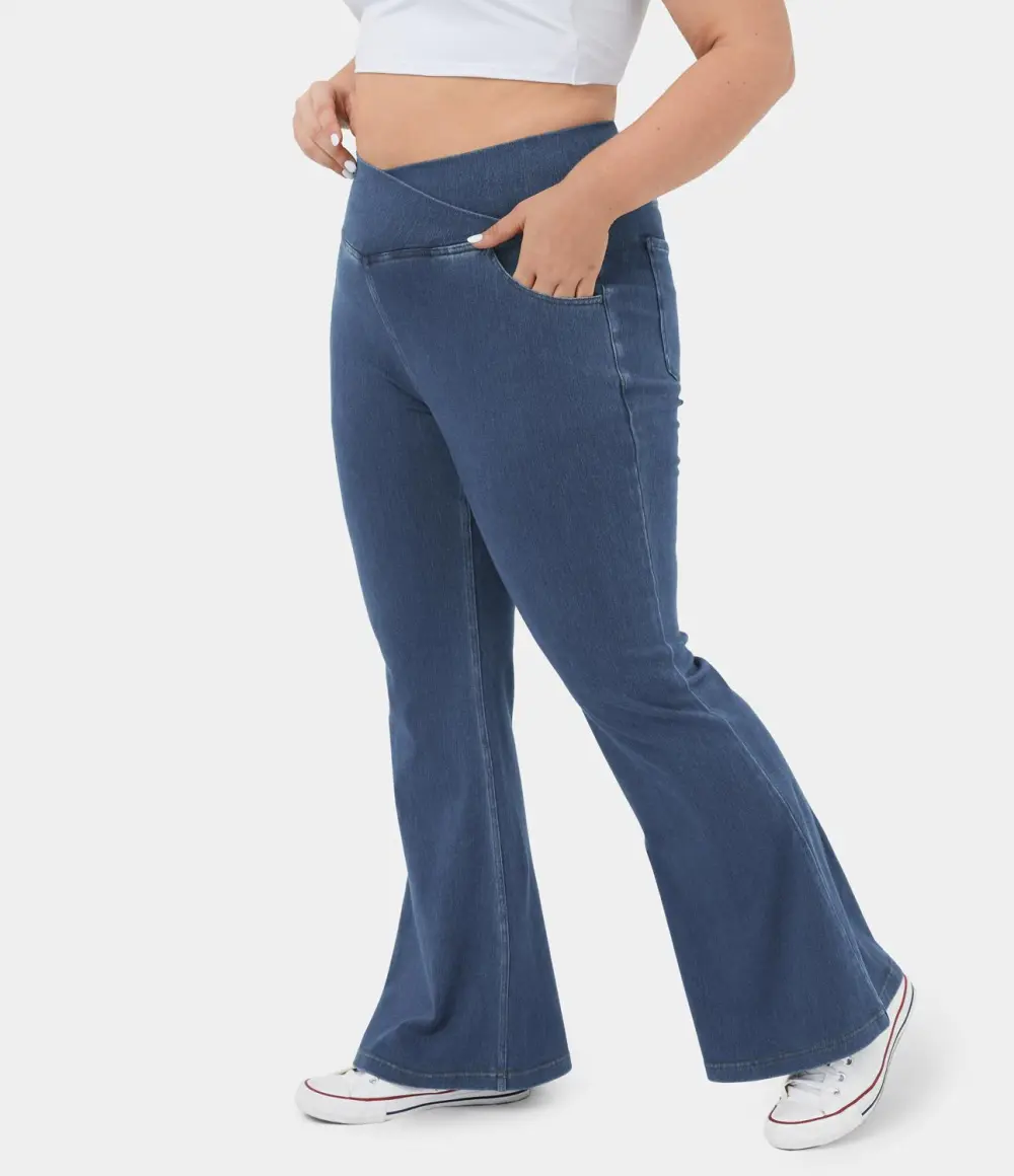 Magic High Waisted Crossover Pocket Cool Touch Breathable Washed Stretchy Knit Plus Size Casual Super Flare Jeans