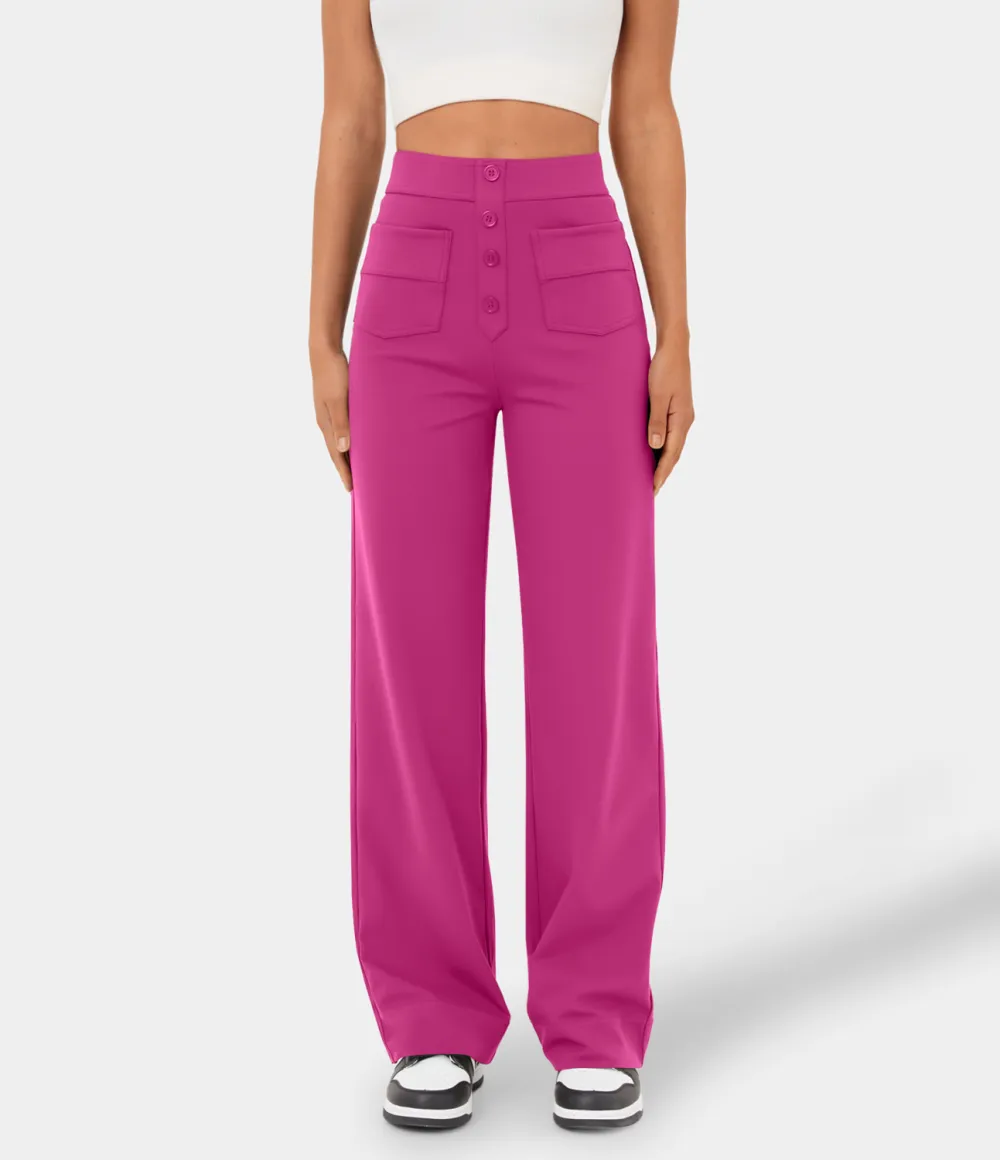 High Waisted Button Multiple Pockets Straight Leg Casual Pants