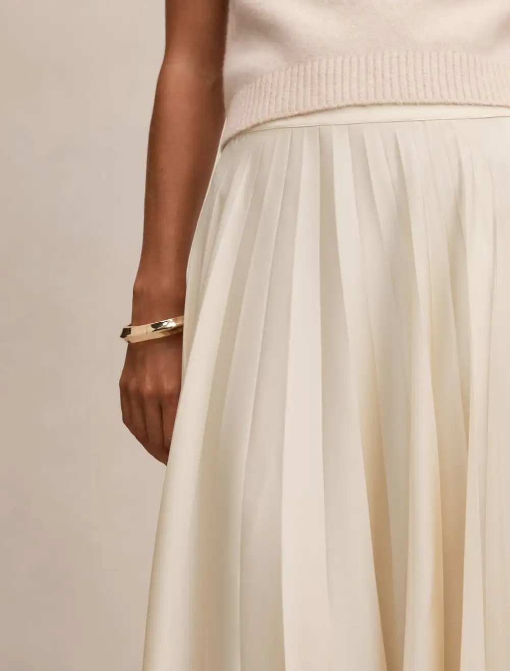 Cream Pleated Midi Skirt