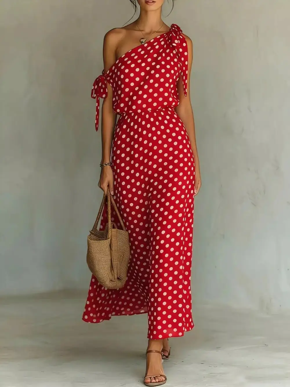 Full Size Polka Dot One Shoulder Maxi Dress With Tie Details Plus Size