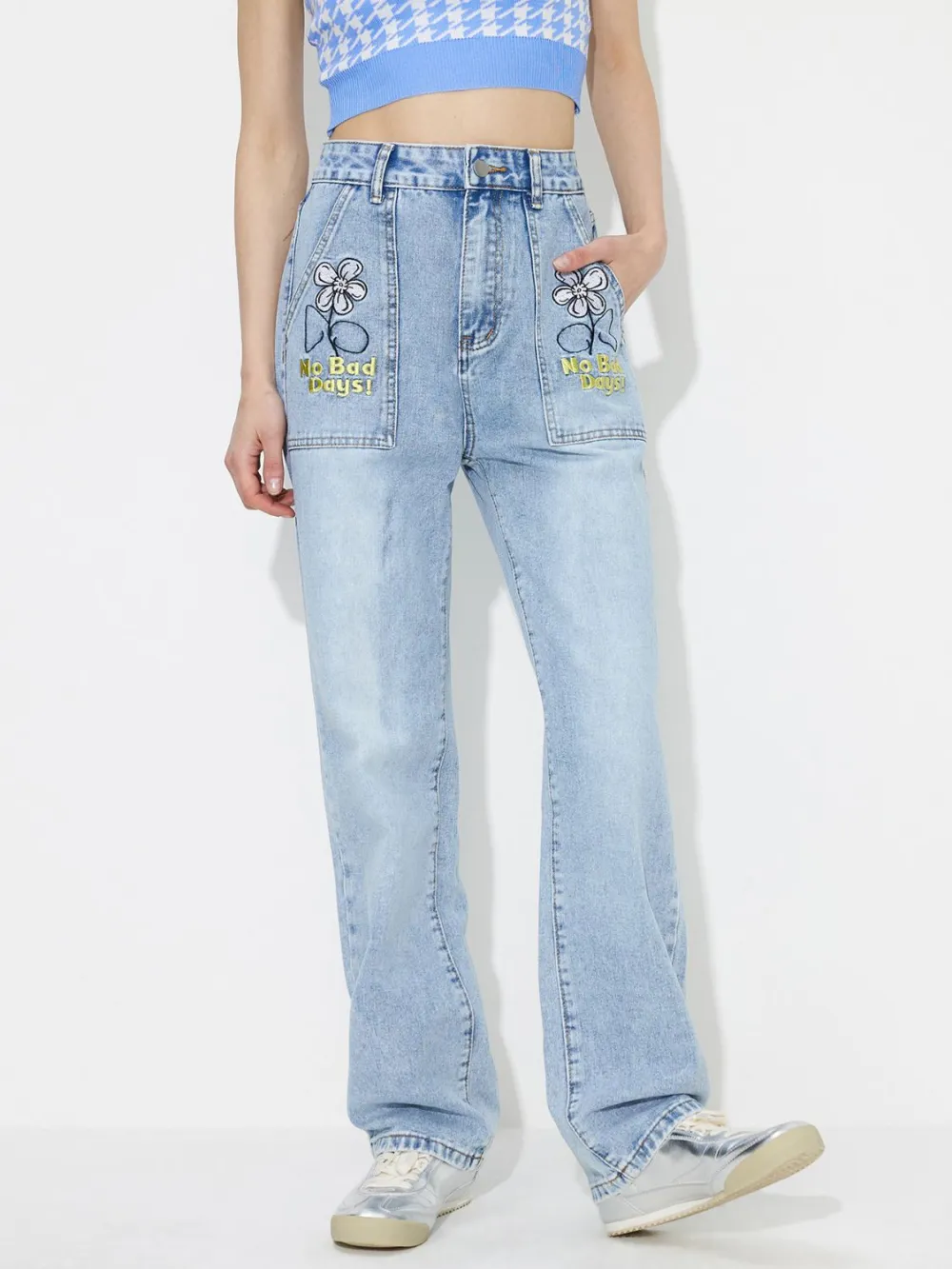 High-Rise Washed Pocketed Stretch Straight Leg Jeans
