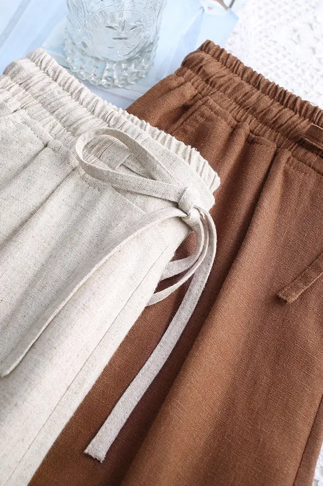Structured Linen Wide Leg Elastic Waist Pocketed Trousers