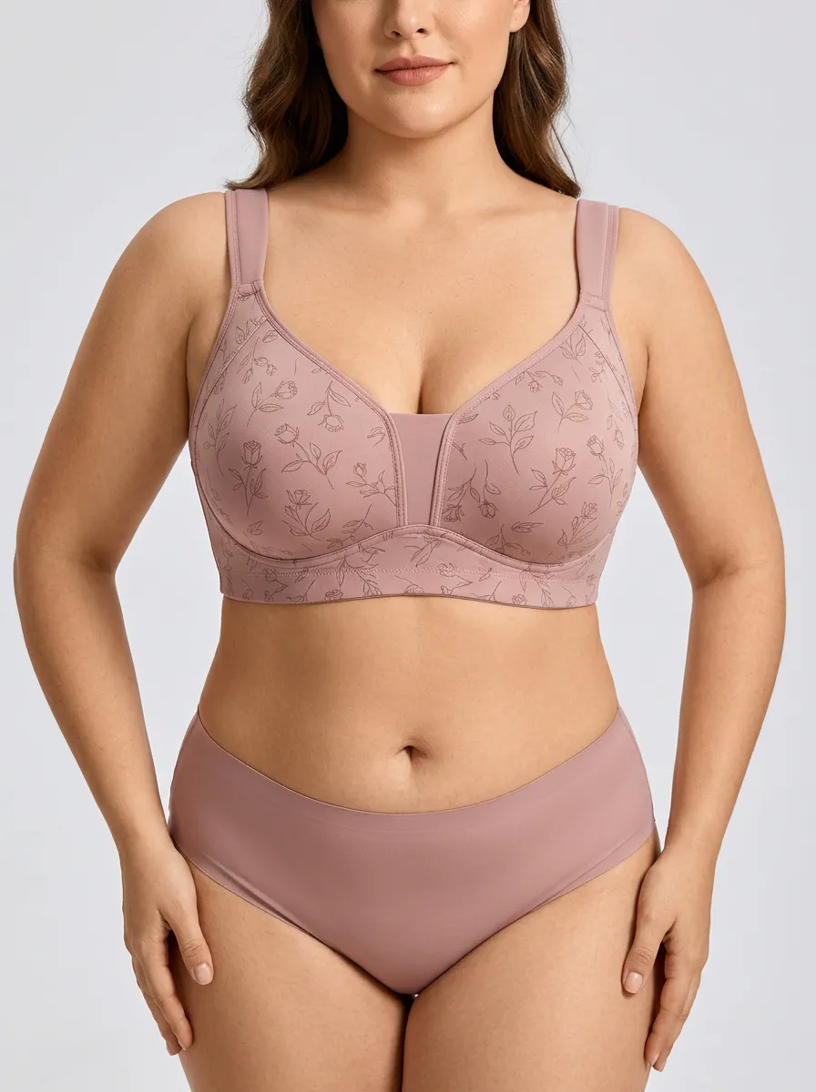 Women's Plus Size Dusty Rose Rose Floral Full-Coverage Wide-Strap Wireless Bra