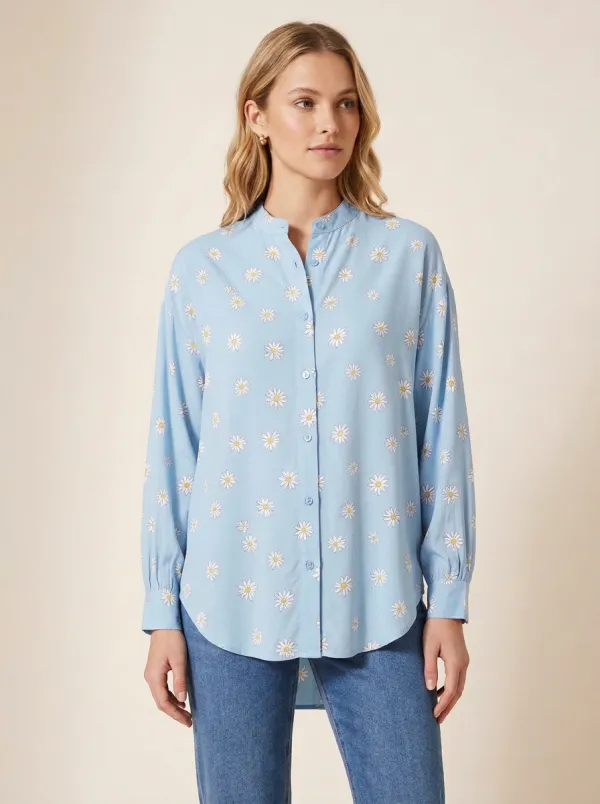 Women's Daisy-Print Dropped-Shoulder Mandarin Shirt