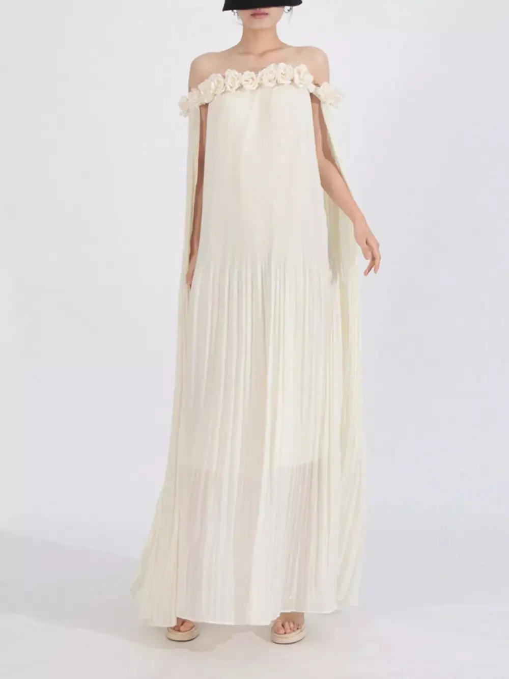 Off Shoulder Floral Pleated Maxi Dress