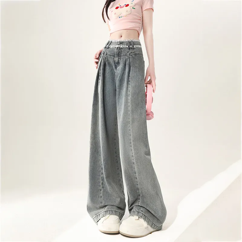 High Waist Wide Leg Lace Trim Jeans