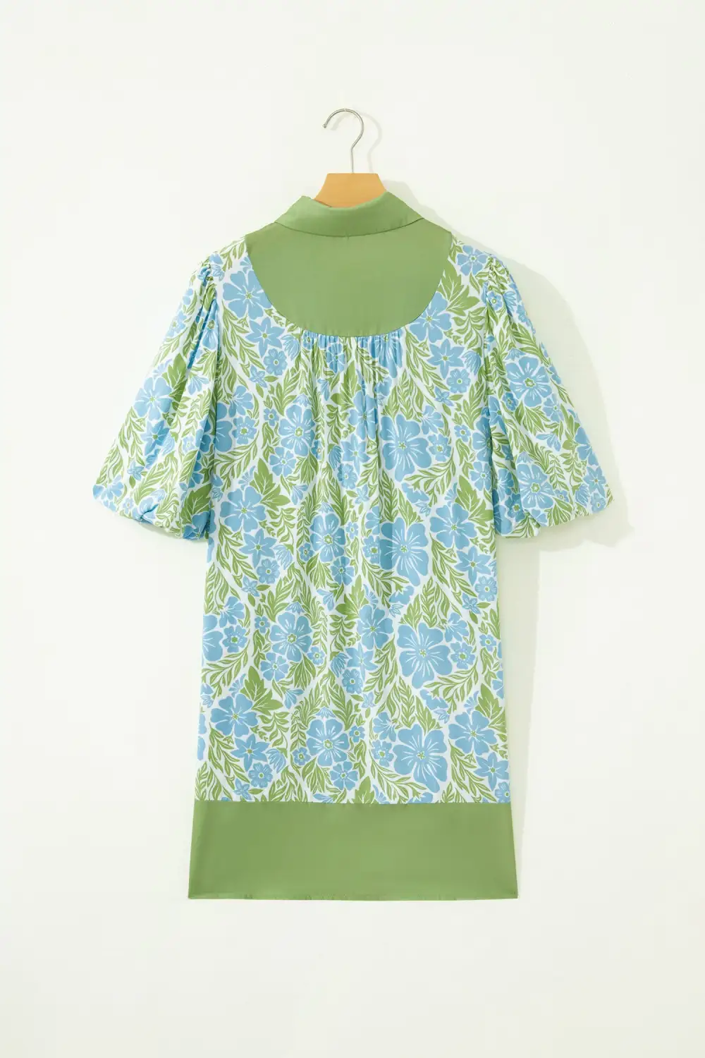 Sky Floral Print Color Block Patchwork Shirt Collar Half Sleeve Mini Dress