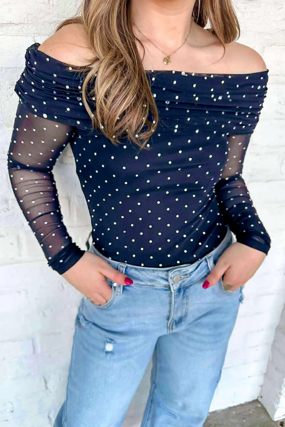 Polka Dot Off Shoulder Mesh Stretch Fabric Long Sleeve Top