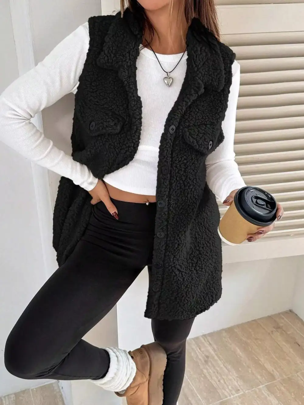 Button Down Sherpa Fleece Vest Coat