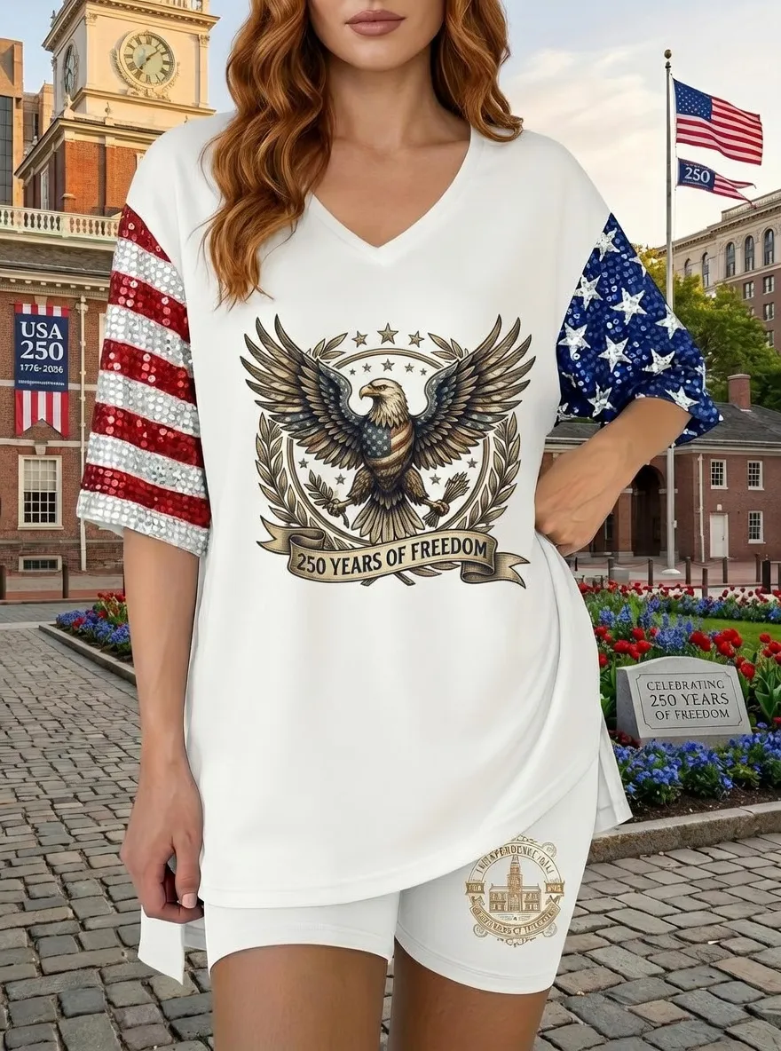 Women's USA 250th Anniversary Eagle Flag Sequin Printed Set